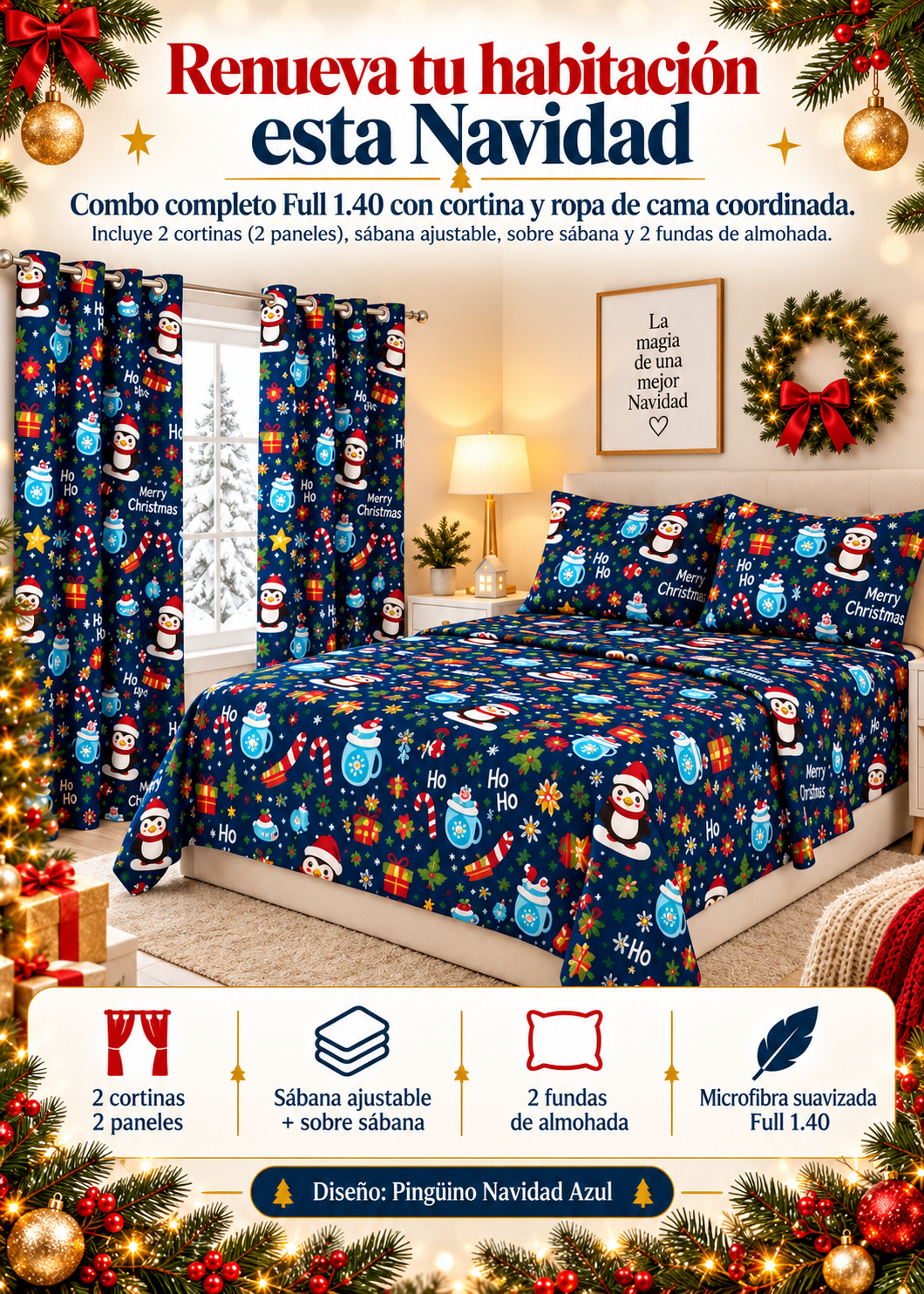 🎄 Combo Navideño : Sábana ajustable + Sobresábana + 2 Cortinas + 2 Fundas ✨