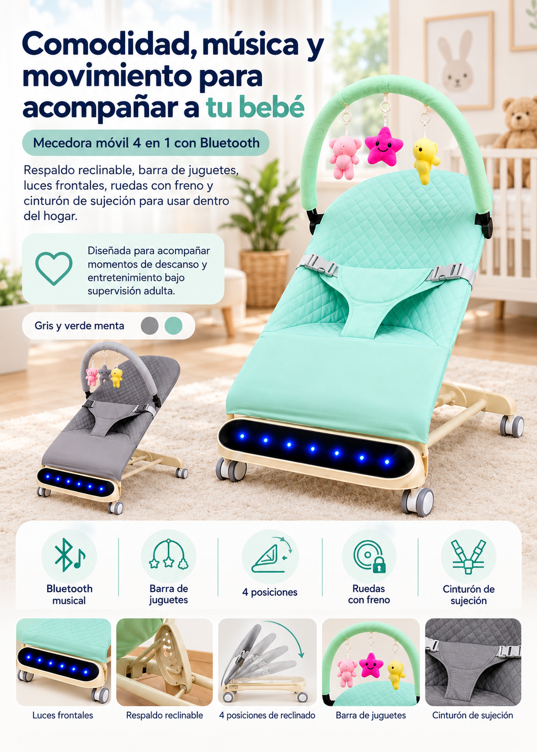 👶 Mecedora Móvil Musical para Bebé 4 en 1 con Bluetooth + Barra de Juguetes + Luces + Ruedas con Freno + Cinturón de Sujeción