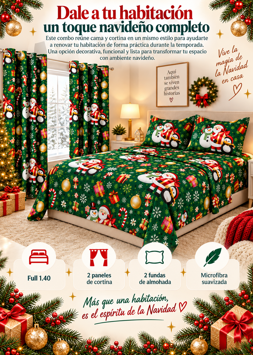 🎄 Combo Navideño : Sábana ajustable + Sobresábana + 2 Cortinas + 2 Fundas ✨