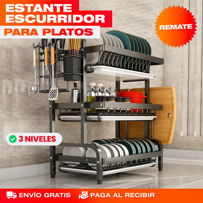 Escurridor de Platos de 3 Niveles – Mesón Seco y Platos Ordenados · Estante Grande + Envio Gratis