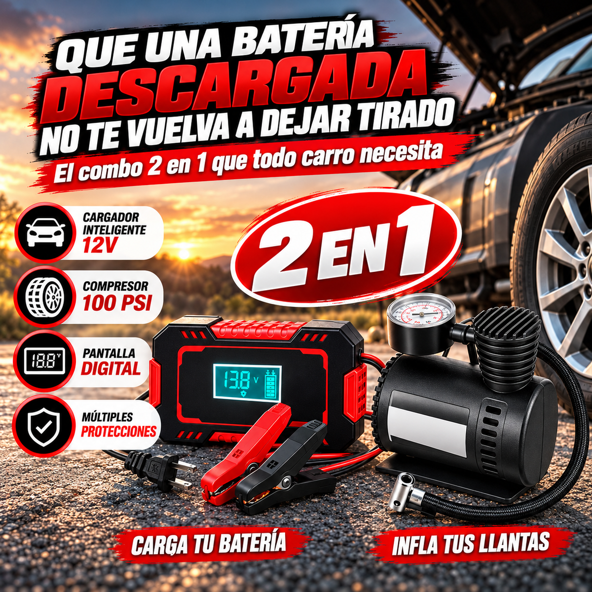 Combo 2 en 1: Cargador de Batería 12V + Compresor de Aire 100 PSI + ENVÍO GRATIS + REGALO