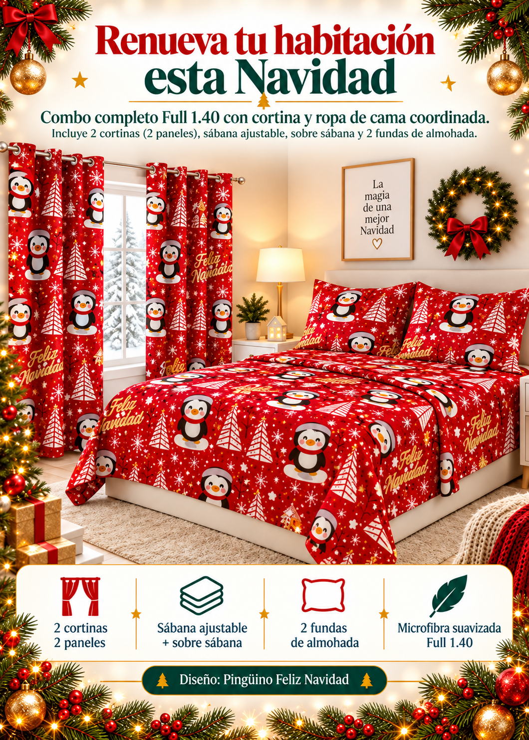 🎄 Combo Navideño : Sábana ajustable + Sobresábana + 2 Cortinas + 2 Fundas ✨