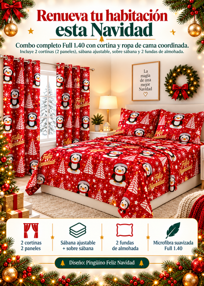 🎄 Combo Navideño : Sábana ajustable + Sobresábana + 2 Cortinas + 2 Fundas ✨