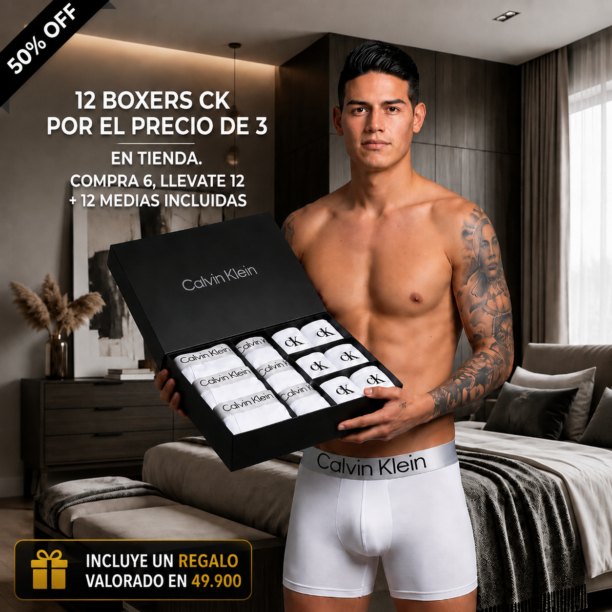 🔥 12 boxers CK por el precio de 3 en tienda. Compra 6, llevate 12 + 12 medias incluidas.