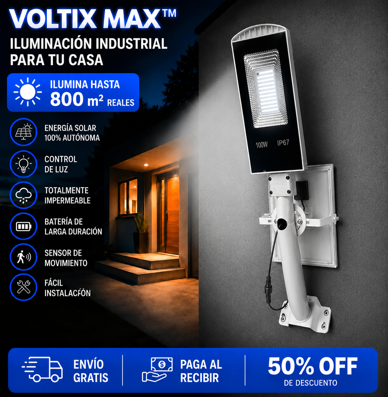 VOLTIX MAX — Convierte la Noche en Día, Factura en Cero + Envio Gratis 100W de Potencia Pura