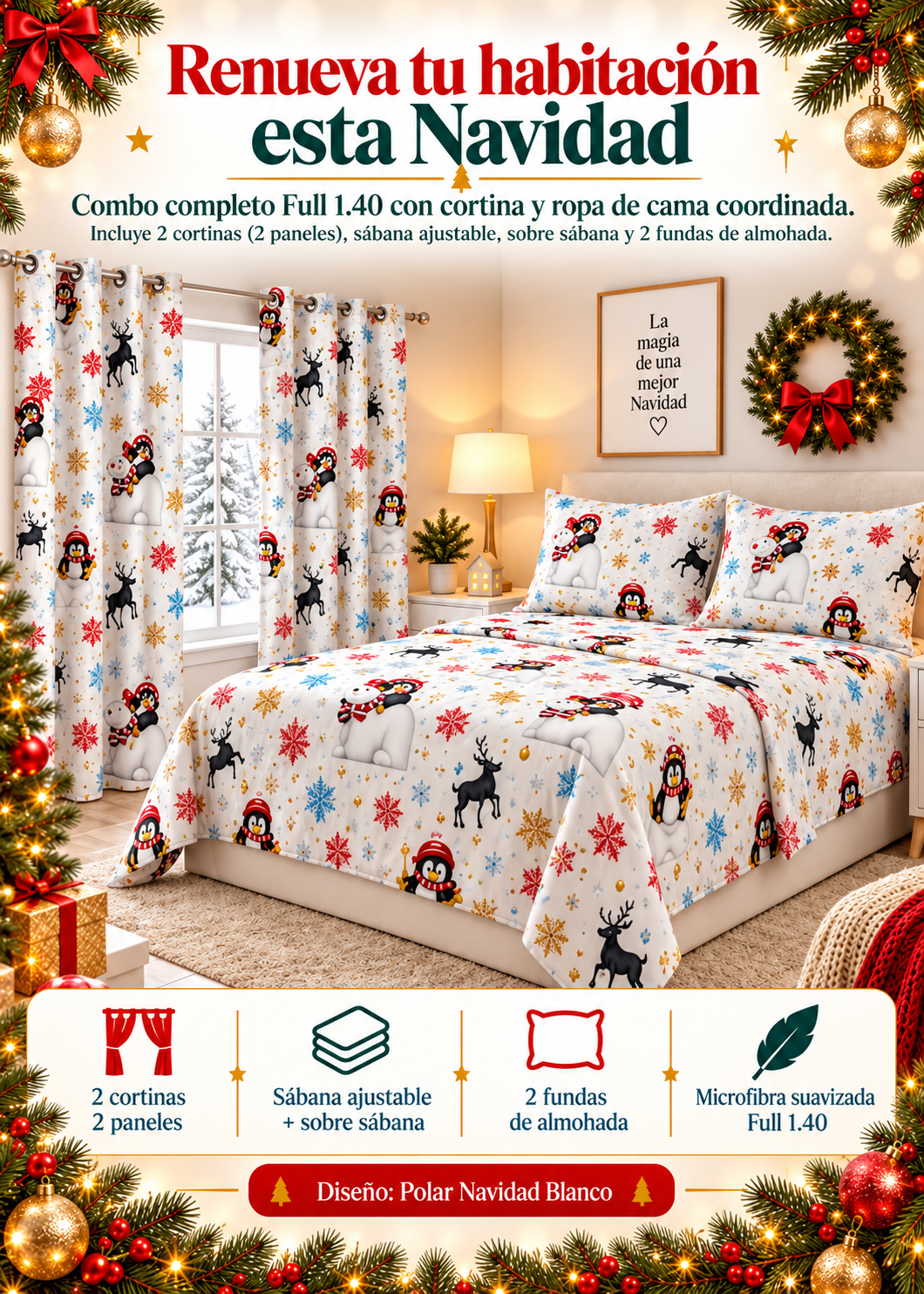 🎄 Combo Navideño : Sábana ajustable + Sobresábana + 2 Cortinas + 2 Fundas ✨