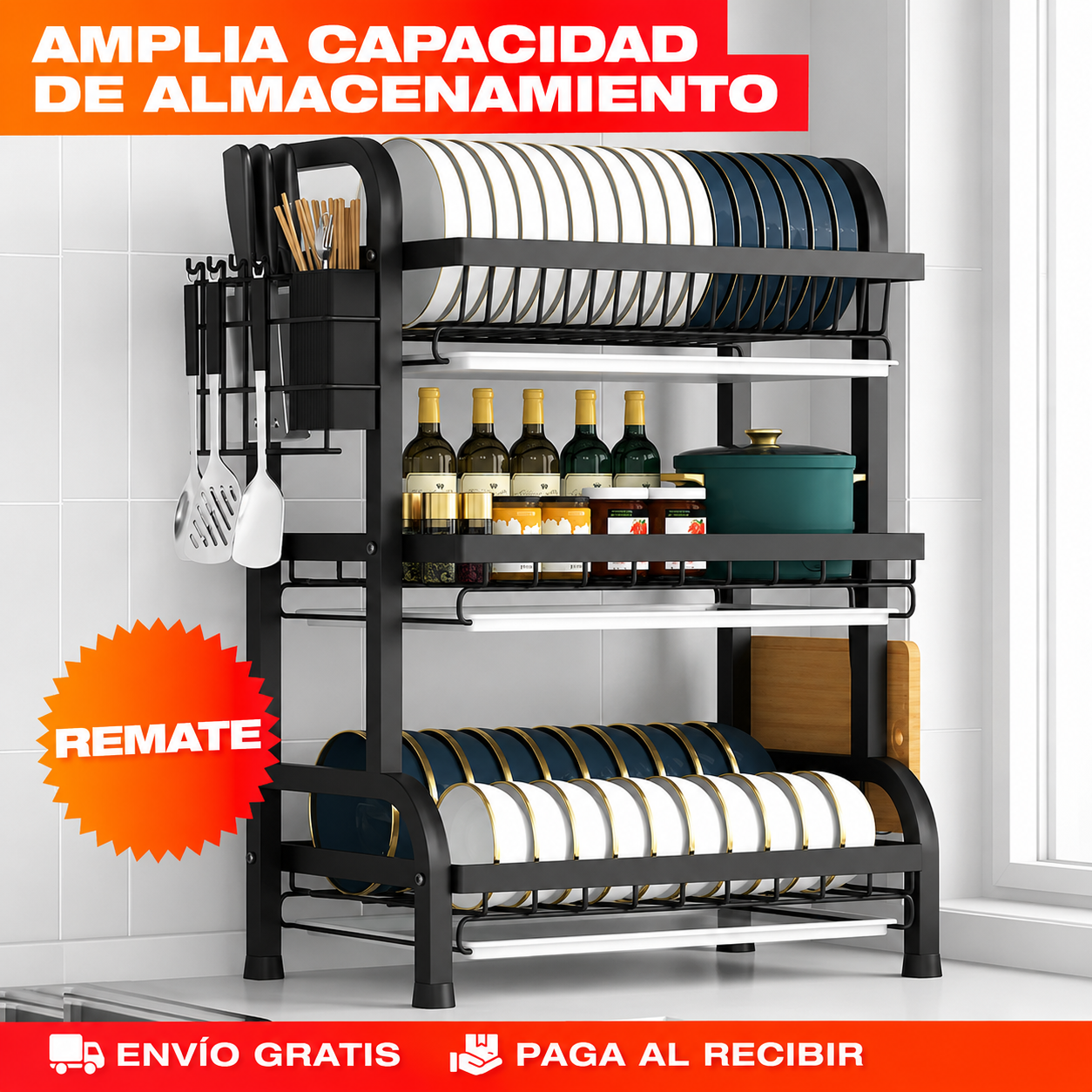 Escurridor de Platos de 3 Niveles – Mesón Seco y Platos Ordenados · Estante Grande + Envio Gratis