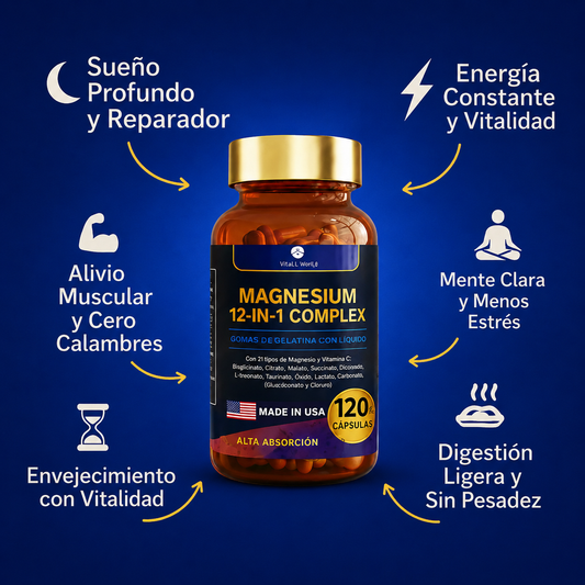MAGNESIUM 12 EN 1 COMPLEX: La Única Fórmula con 12 Formas de Magnesio en Una Sola Cápsula.