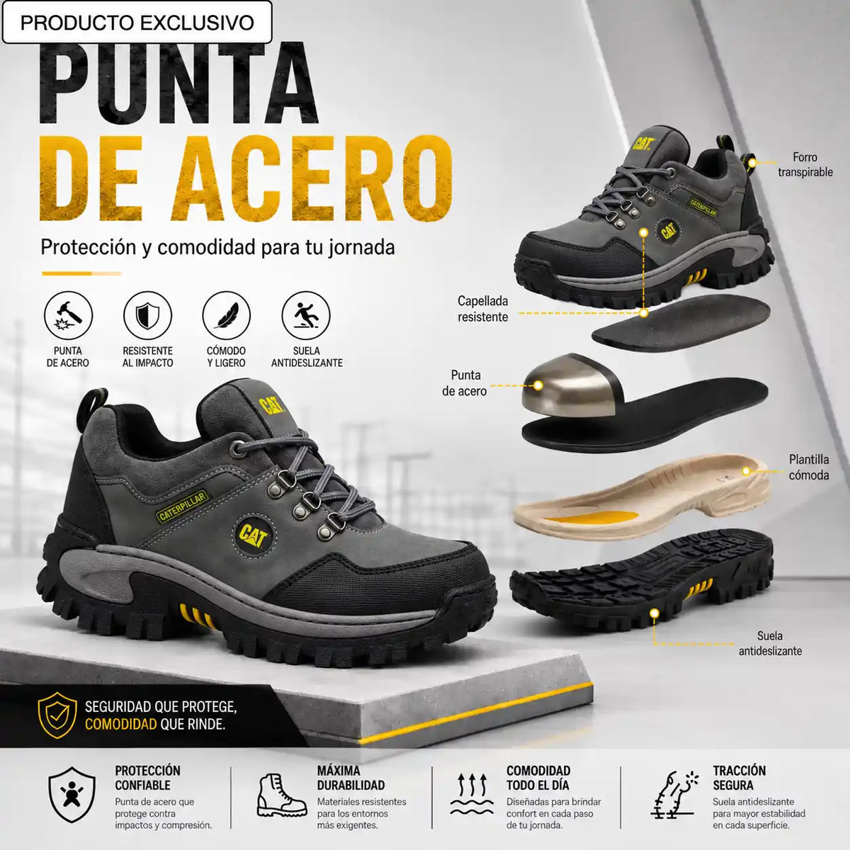 Combo Zapatos Corte Medio de Seguridad  Punta de Acero + Gorra y Caja
