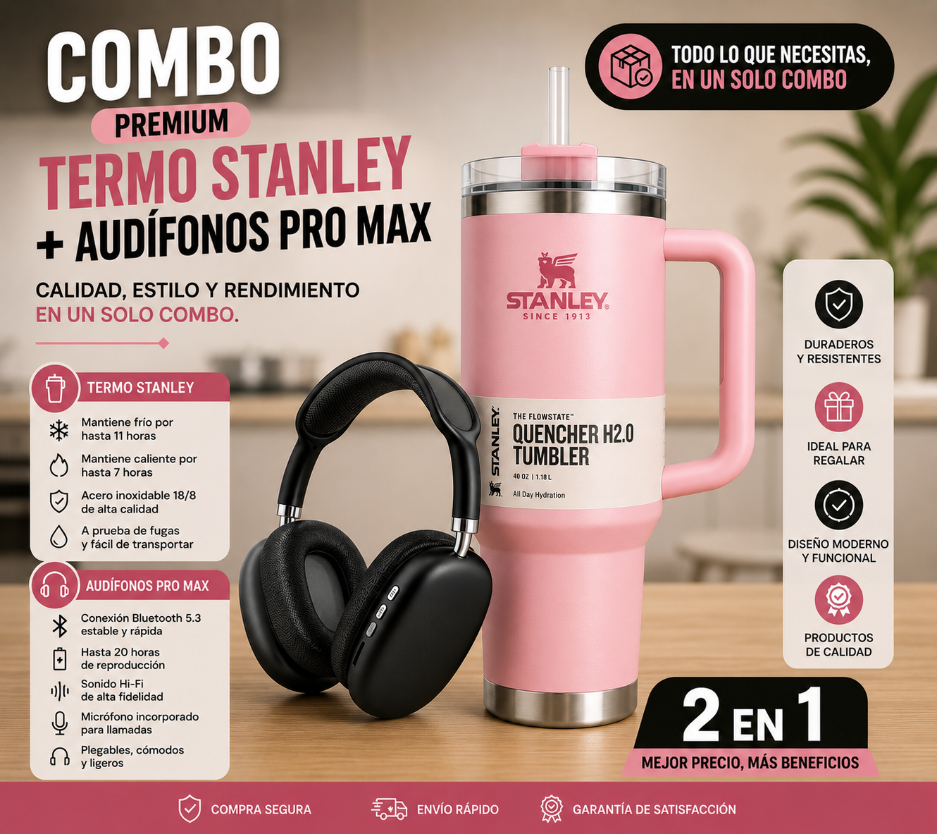 TERMO STANLEY + AUDÍFONOS PRO MAX