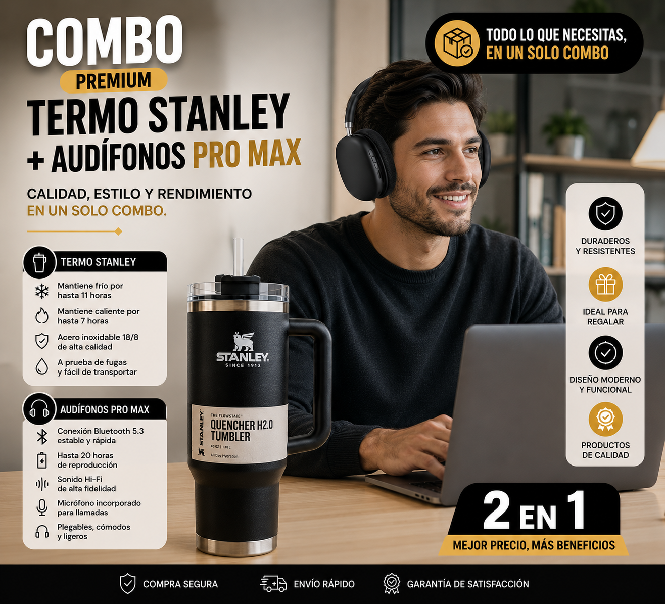 TERMO STANLEY + AUDÍFONOS PRO MAX