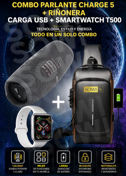 PARLANTE JBL + RIÑONERA ANTIRROBO + SMARTWATCH T500 + Envio Gratis + Regalo
