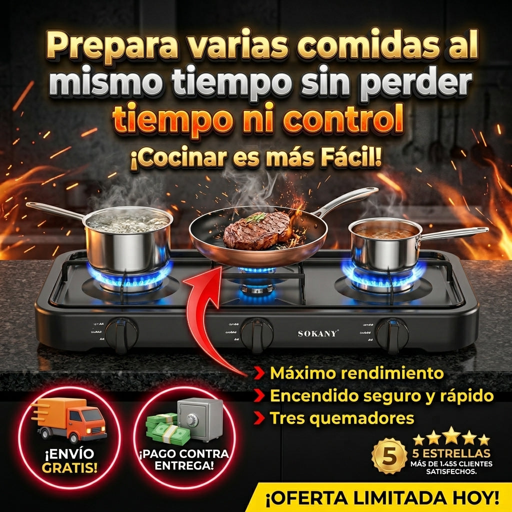 Estufa Sokany 3 Quemadores – Cocina rápida, segura y práctica para preparar tus comidas diarias + Envio Gratis + Regalo