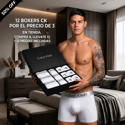 🔥 12 boxers CK por el precio de 3 en tienda. Compra 6, llevate 12 + 12 medias incluidas.
