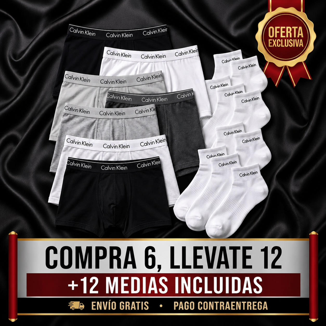🔥 12 boxers CK por el precio de 3 en tienda. Compra 6, llevate 12 + 12 medias incluidas.