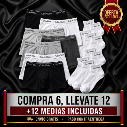 🔥 12 boxers CK por el precio de 3 en tienda. Compra 6, llevate 12 + 12 medias incluidas.