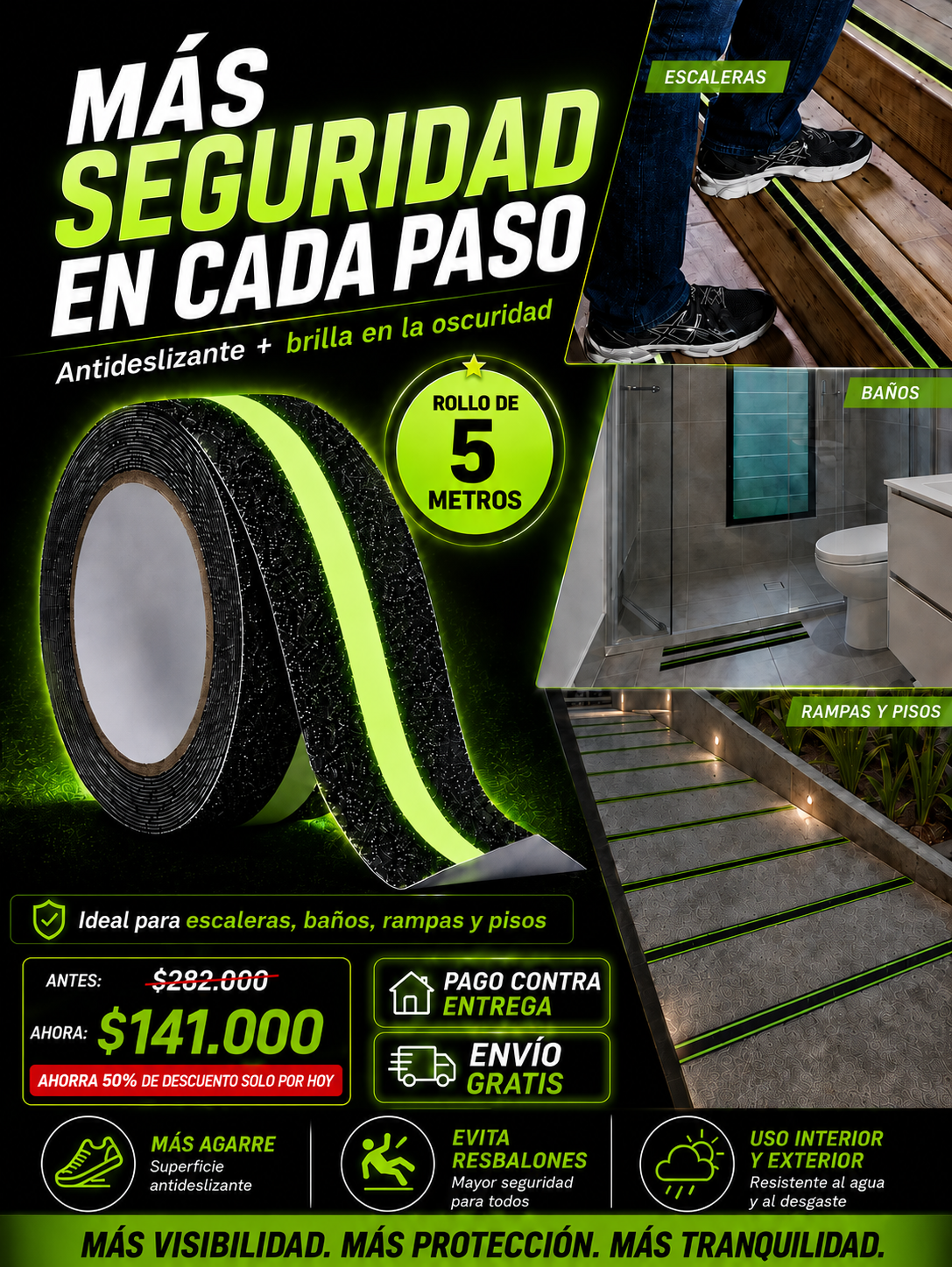 CINTA ANTIDESLIZANTE LUMINOSA - 5M + envio gratis + regalo