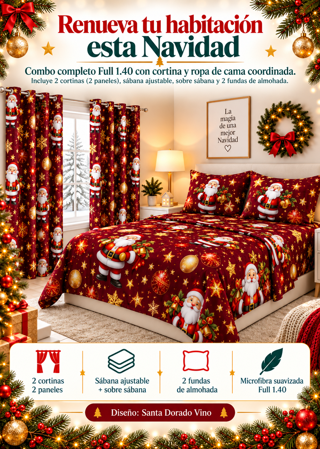 🎄 Combo Navideño : Sábana ajustable + Sobresábana + 2 Cortinas + 2 Fundas ✨