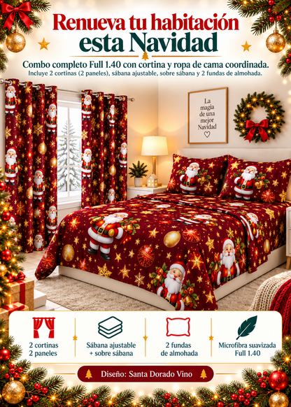 🎄 Combo Navideño : Sábana ajustable + Sobresábana + 2 Cortinas + 2 Fundas ✨
