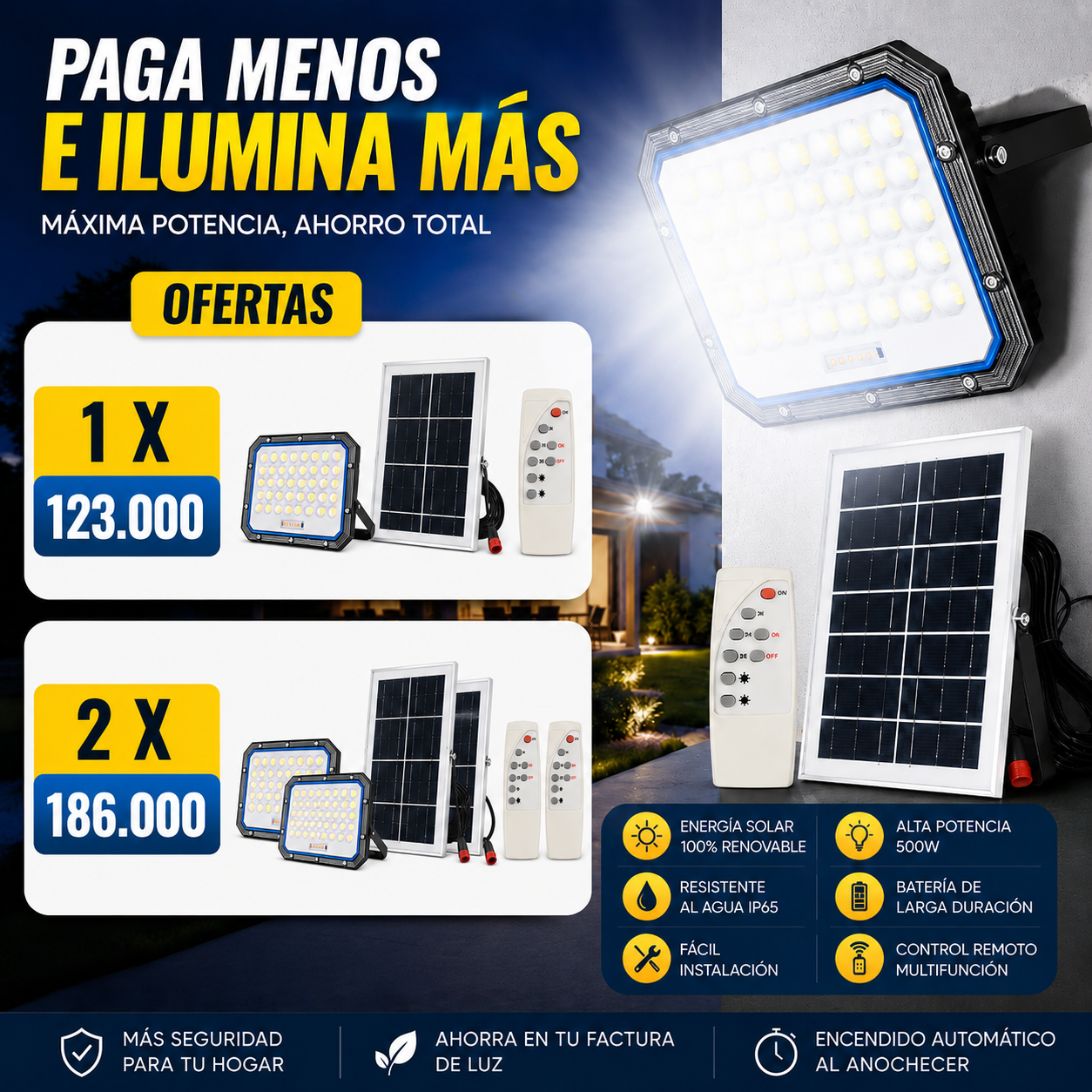 Kit Reflector Solar 500 Watts Alta Potencia Con Panel Solar y Control