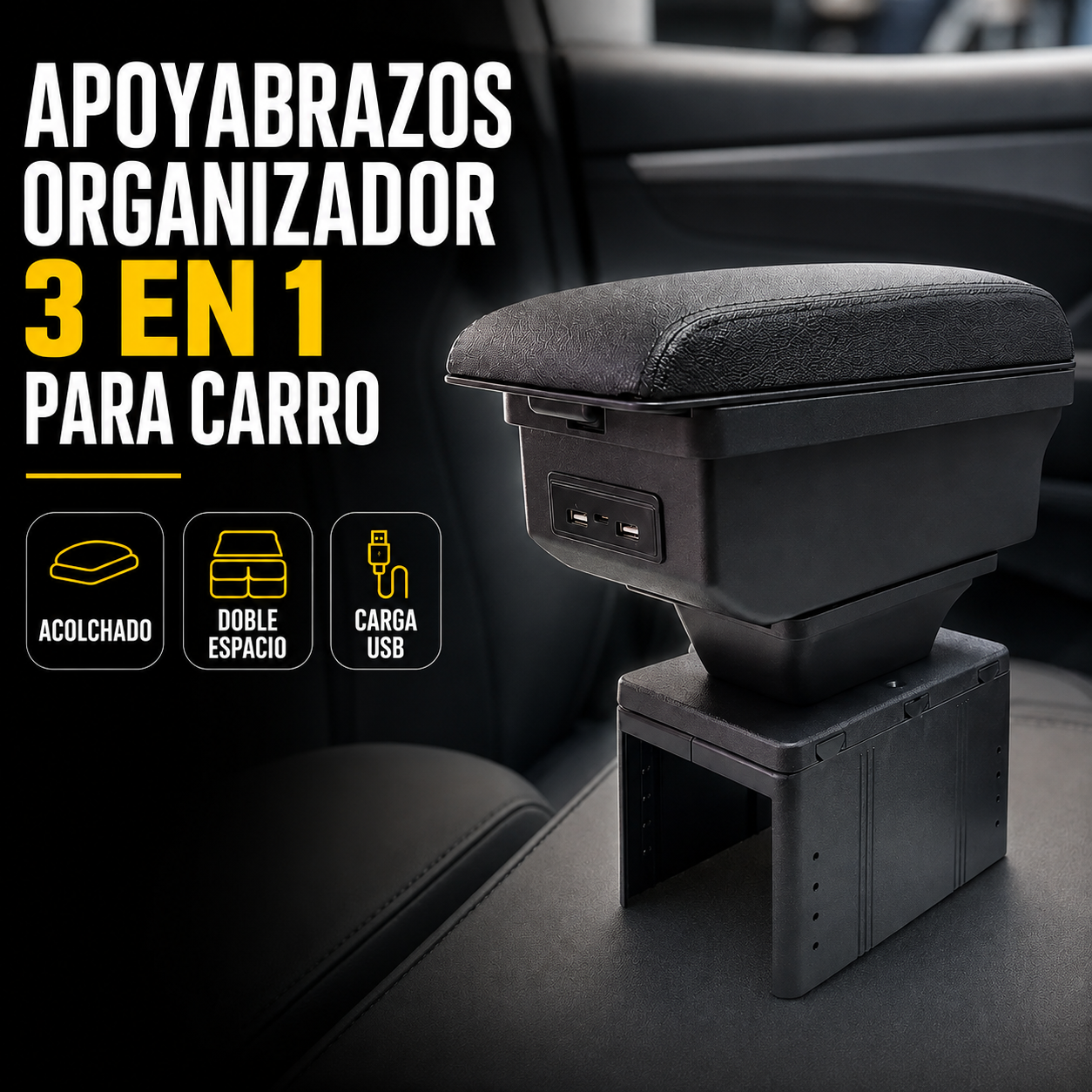 Cajonera apoyabrazos Universal 3 en 1 para Carro con Carga USB