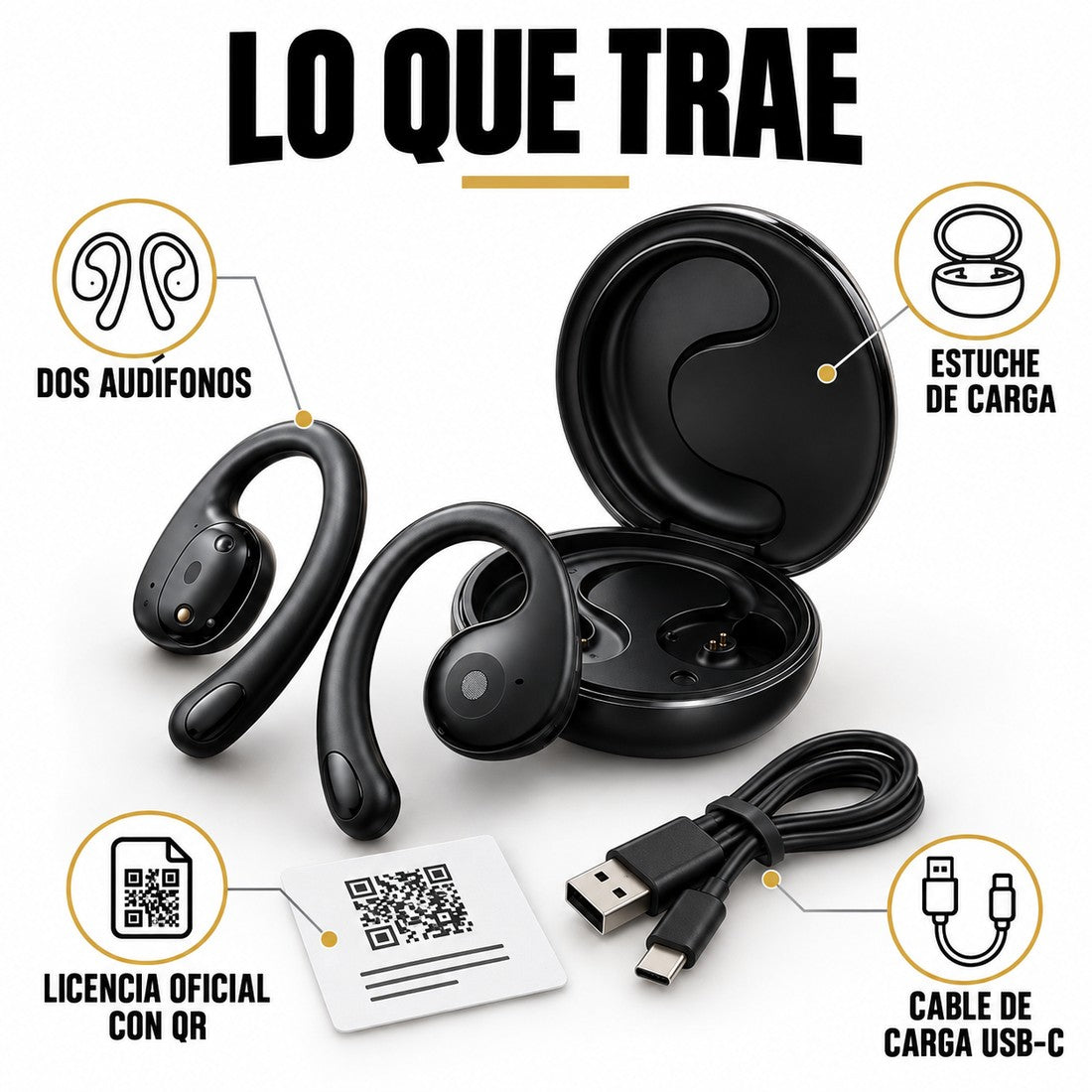 Lo que trae: dos audifonos, estuche de carga, licencia oficial con QR y cable USB-C