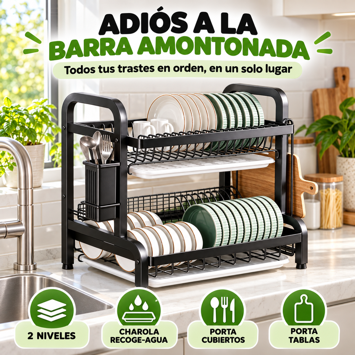 Escurridor de Platos Multifuncional 2 Niveles con Bandeja Recoge-Agua + ENVIO GRATIS + REGALO