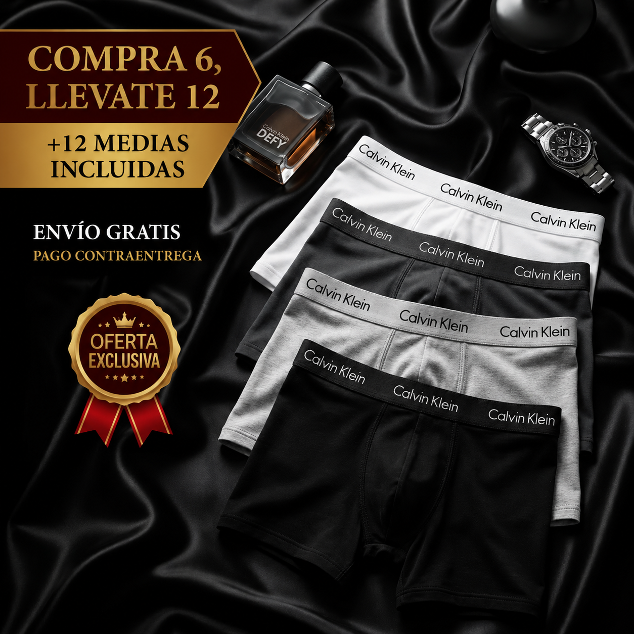 🔥 12 boxers CK por el precio de 3 en tienda. Compra 6, llevate 12 + 12 medias incluidas.