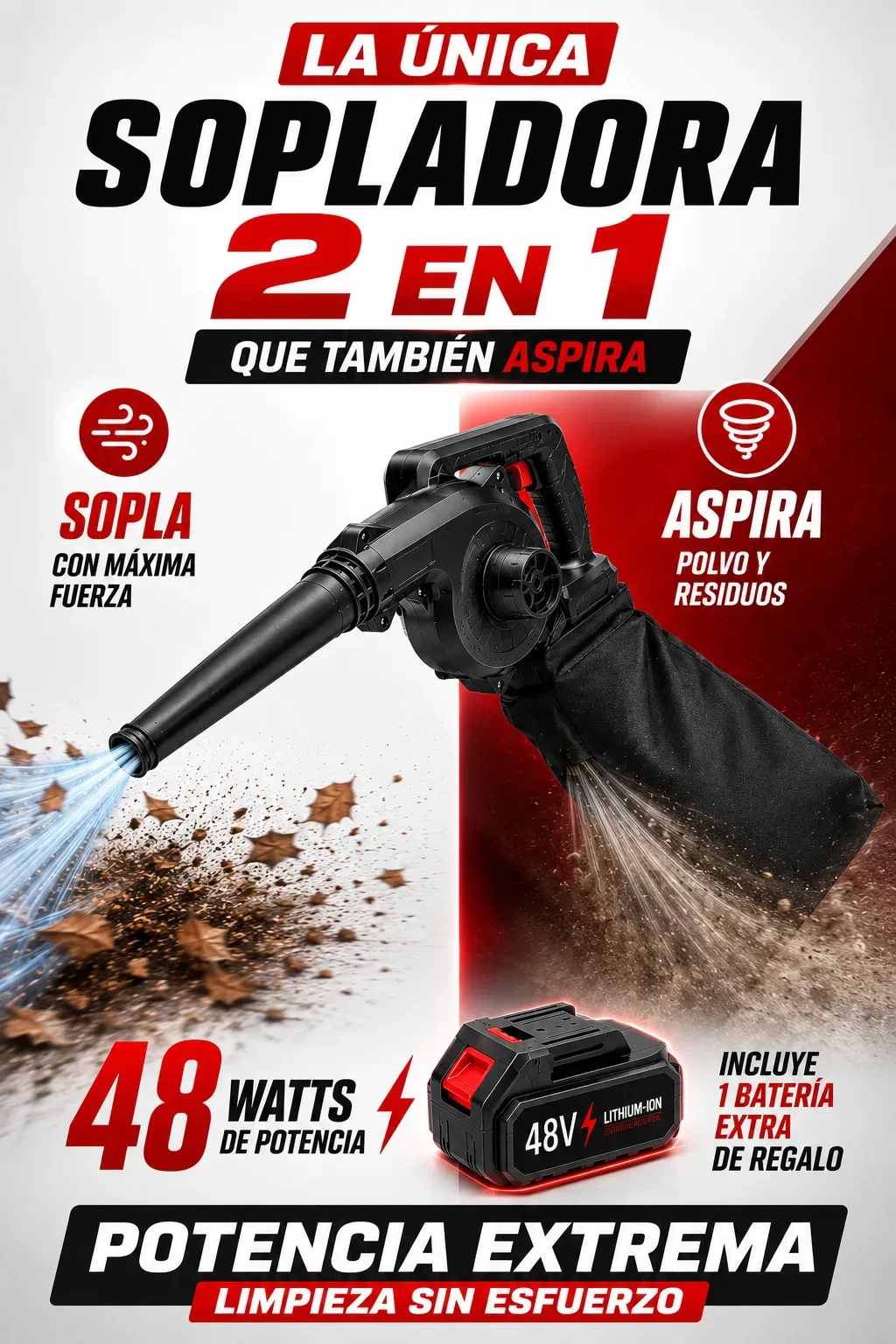 TurboSopladora 2 en 1 – Soplador y Aspirador con Batería Recargable + Envio Gratuito +Regalo